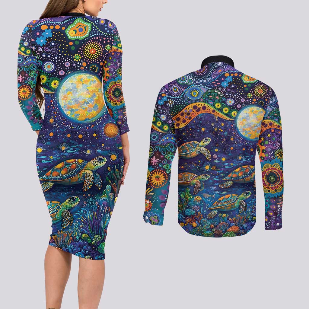 Underwater Turtles Starry Night Sky Couples Matching Long Sleeve Bodycon Dress and Long Sleeve Button Shirt Aboriginal Dot Painting Full Moon Coral Landscape