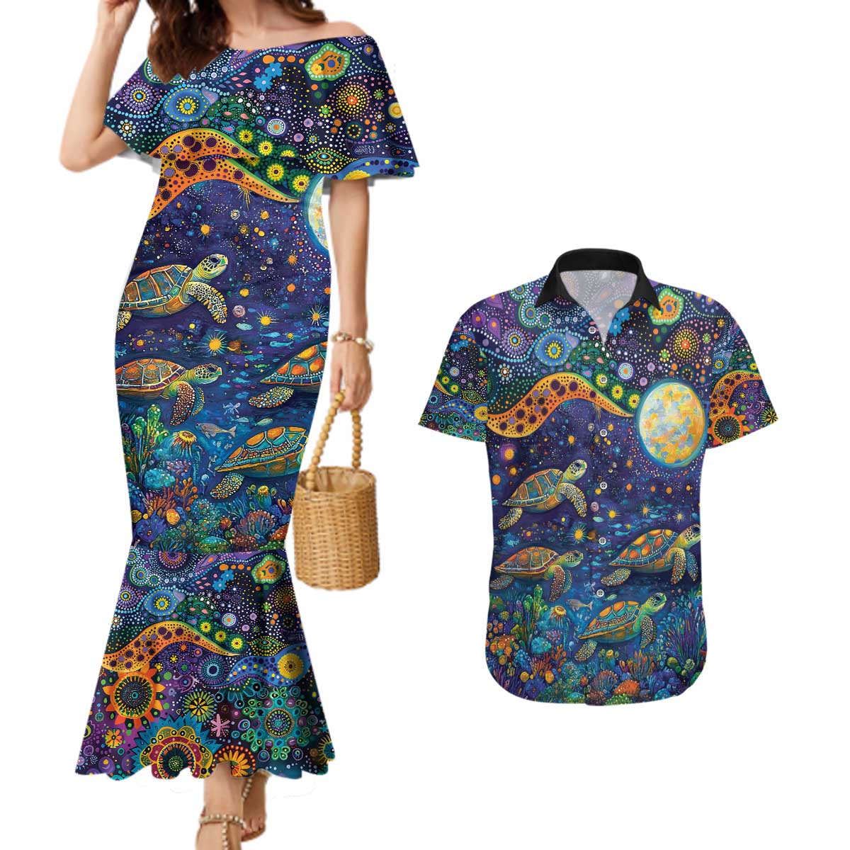 Underwater Turtles Starry Night Sky Couples Matching Mermaid Dress and Hawaiian Shirt Aboriginal Dot Painting Full Moon Coral Landscape