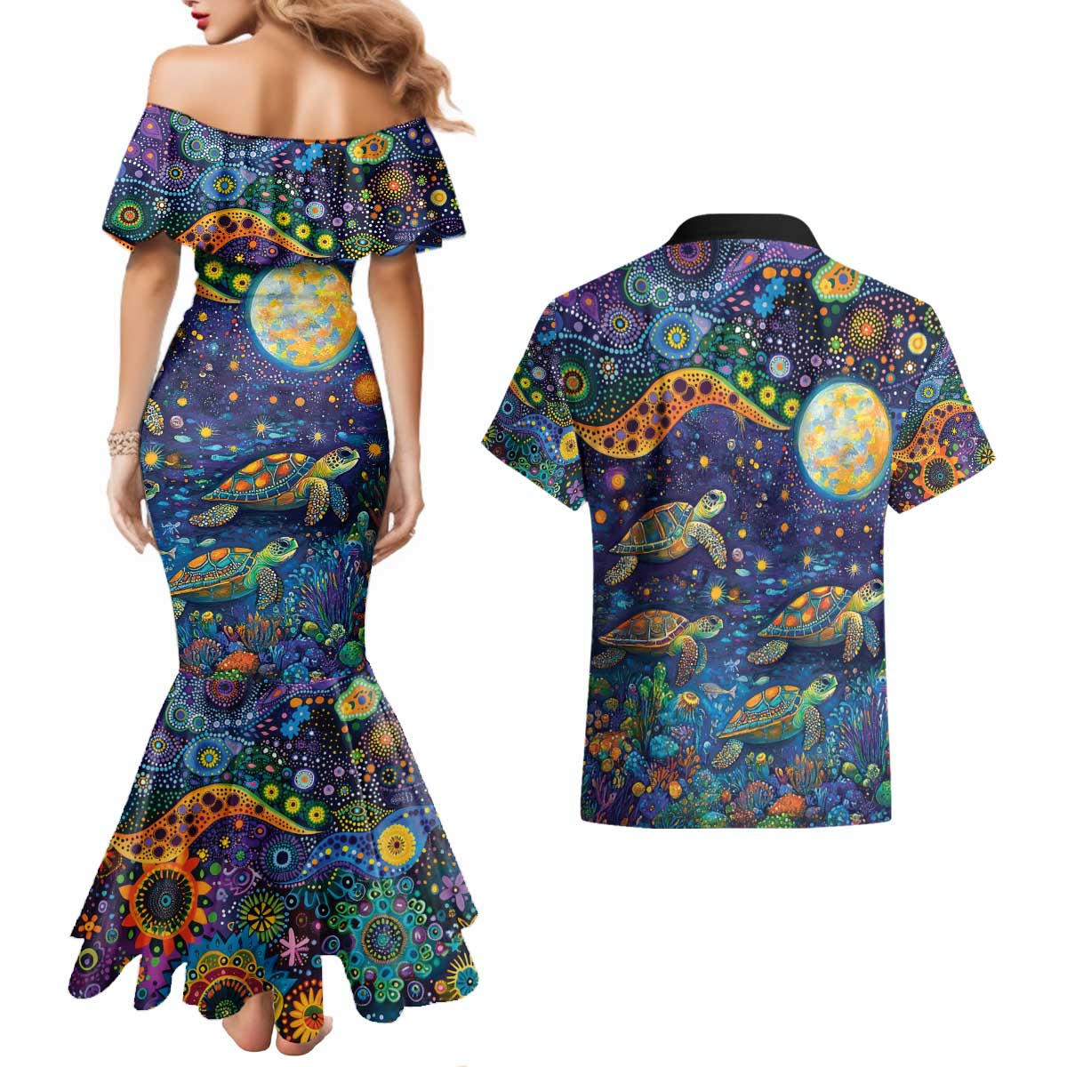 Underwater Turtles Starry Night Sky Couples Matching Mermaid Dress and Hawaiian Shirt Aboriginal Dot Painting Full Moon Coral Landscape