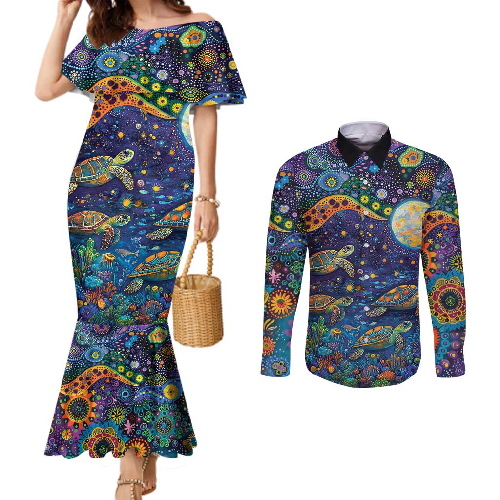 Underwater Turtles Starry Night Sky Couples Matching Mermaid Dress and Long Sleeve Button Shirt Aboriginal Dot Painting Full Moon Coral Landscape