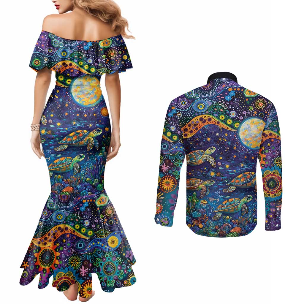 Underwater Turtles Starry Night Sky Couples Matching Mermaid Dress and Long Sleeve Button Shirt Aboriginal Dot Painting Full Moon Coral Landscape