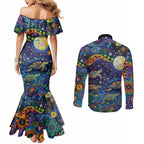 Underwater Turtles Starry Night Sky Couples Matching Mermaid Dress and Long Sleeve Button Shirt Aboriginal Dot Painting Full Moon Coral Landscape