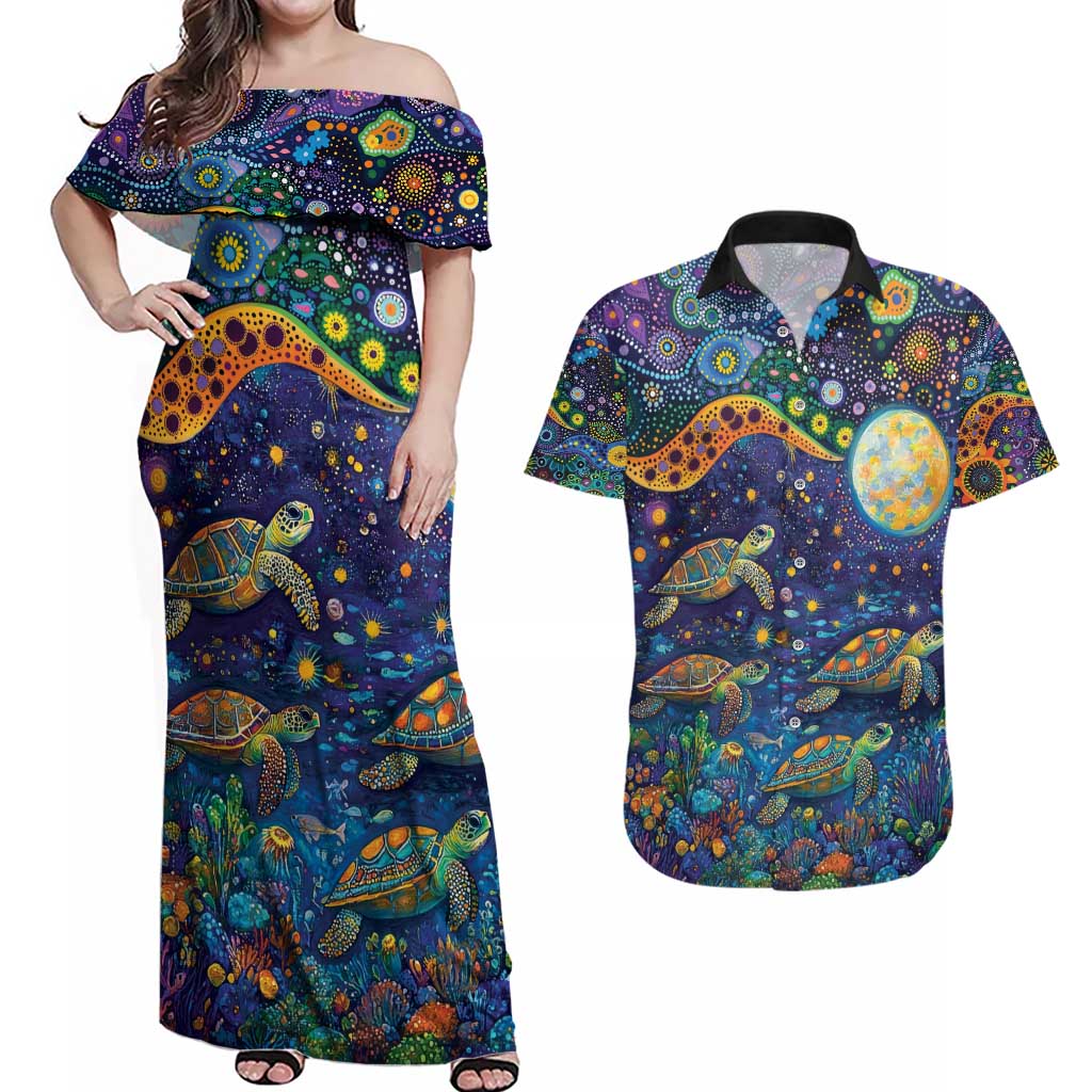 Underwater Turtles Starry Night Sky Couples Matching Off Shoulder Maxi Dress and Hawaiian Shirt Aboriginal Dot Painting Full Moon Coral Landscape