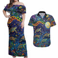 Underwater Turtles Starry Night Sky Couples Matching Off Shoulder Maxi Dress and Hawaiian Shirt Aboriginal Dot Painting Full Moon Coral Landscape