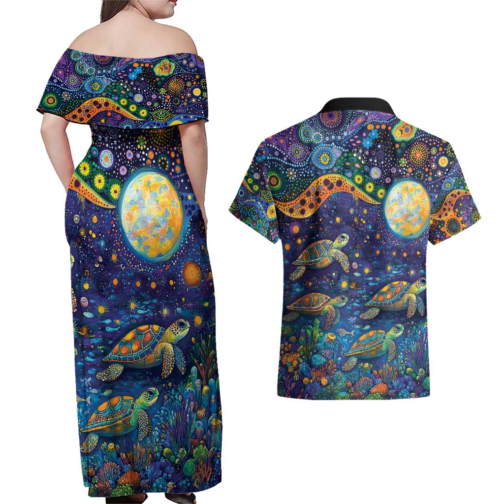 Underwater Turtles Starry Night Sky Couples Matching Off Shoulder Maxi Dress and Hawaiian Shirt Aboriginal Dot Painting Full Moon Coral Landscape