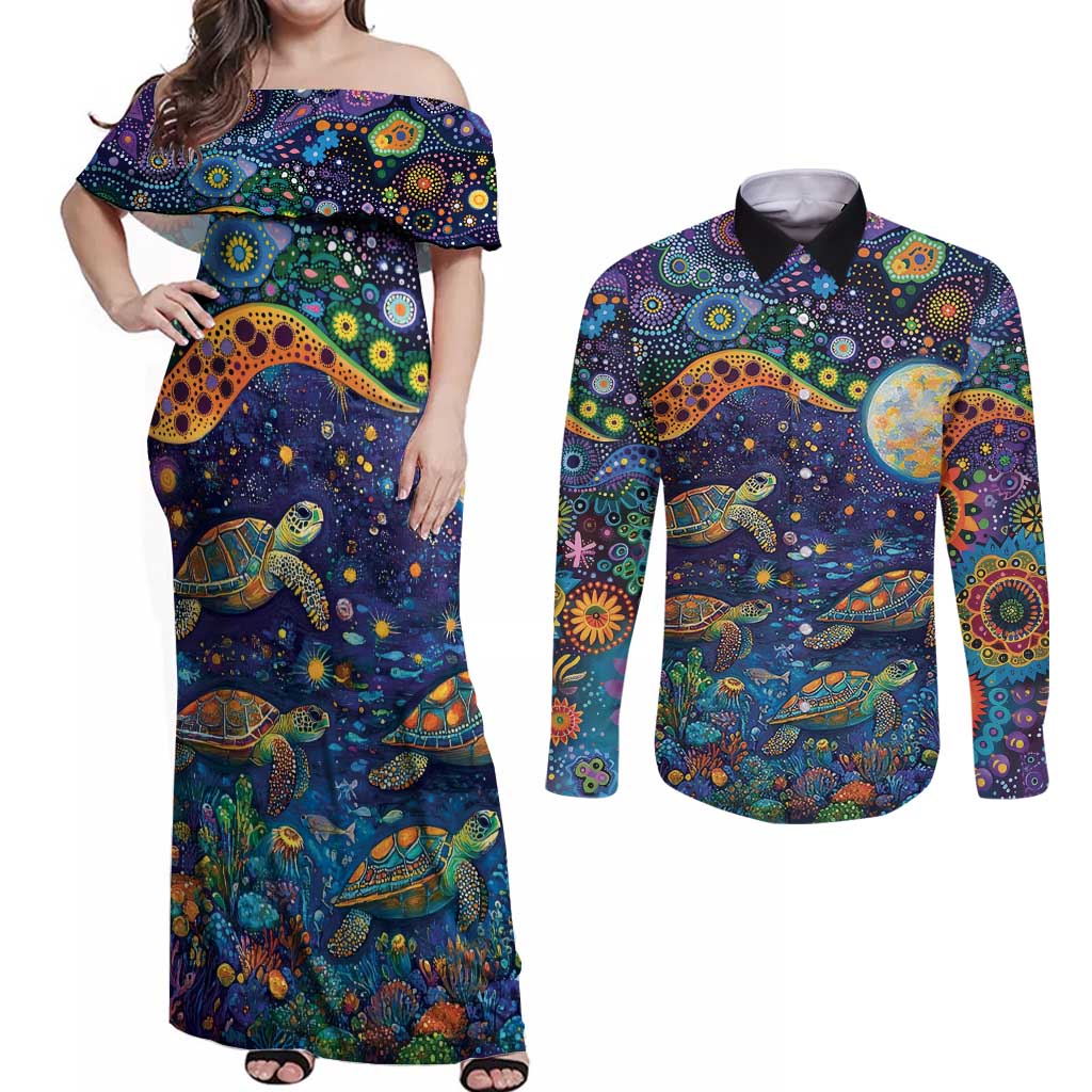 Underwater Turtles Starry Night Sky Couples Matching Off Shoulder Maxi Dress and Long Sleeve Button Shirt Aboriginal Dot Painting Full Moon Coral Landscape