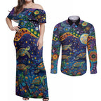 Underwater Turtles Starry Night Sky Couples Matching Off Shoulder Maxi Dress and Long Sleeve Button Shirt Aboriginal Dot Painting Full Moon Coral Landscape