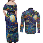Underwater Turtles Starry Night Sky Couples Matching Off Shoulder Maxi Dress and Long Sleeve Button Shirt Aboriginal Dot Painting Full Moon Coral Landscape