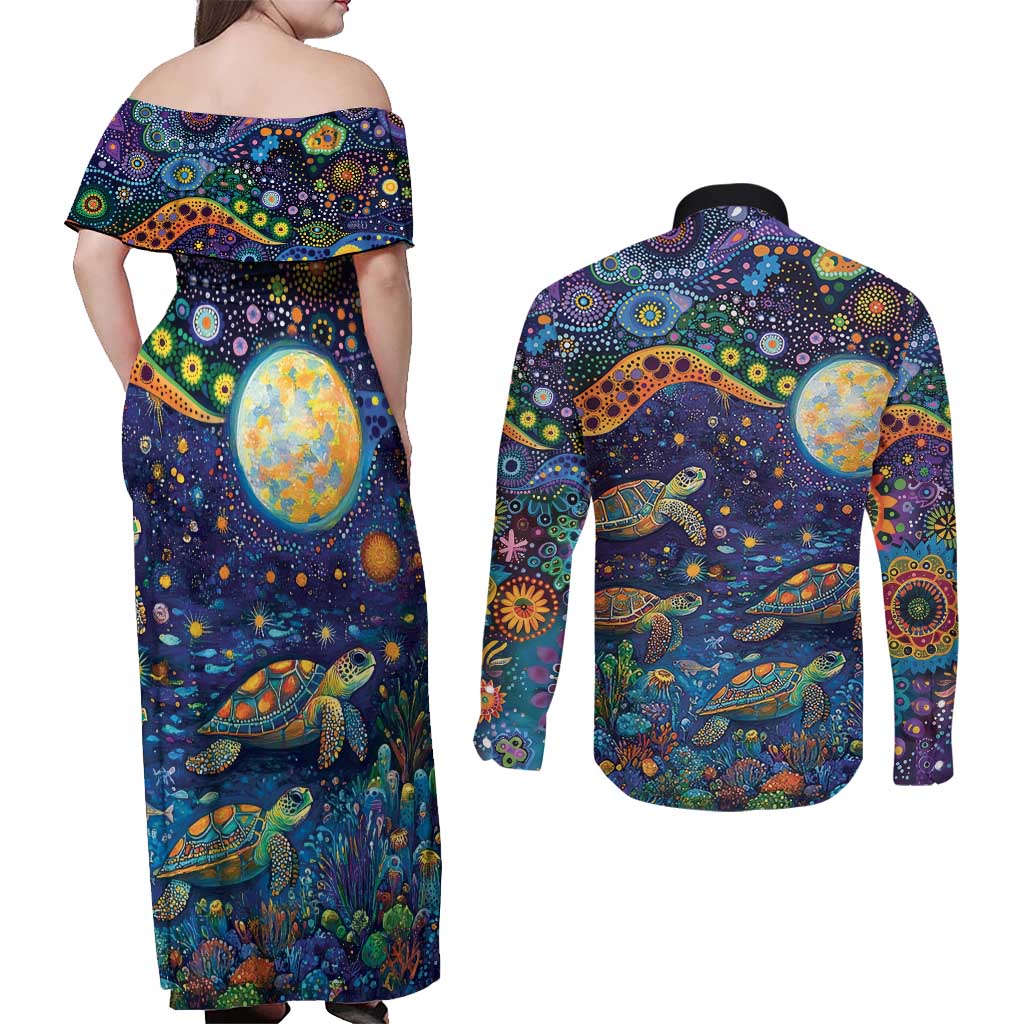 Underwater Turtles Starry Night Sky Couples Matching Off Shoulder Maxi Dress and Long Sleeve Button Shirt Aboriginal Dot Painting Full Moon Coral Landscape