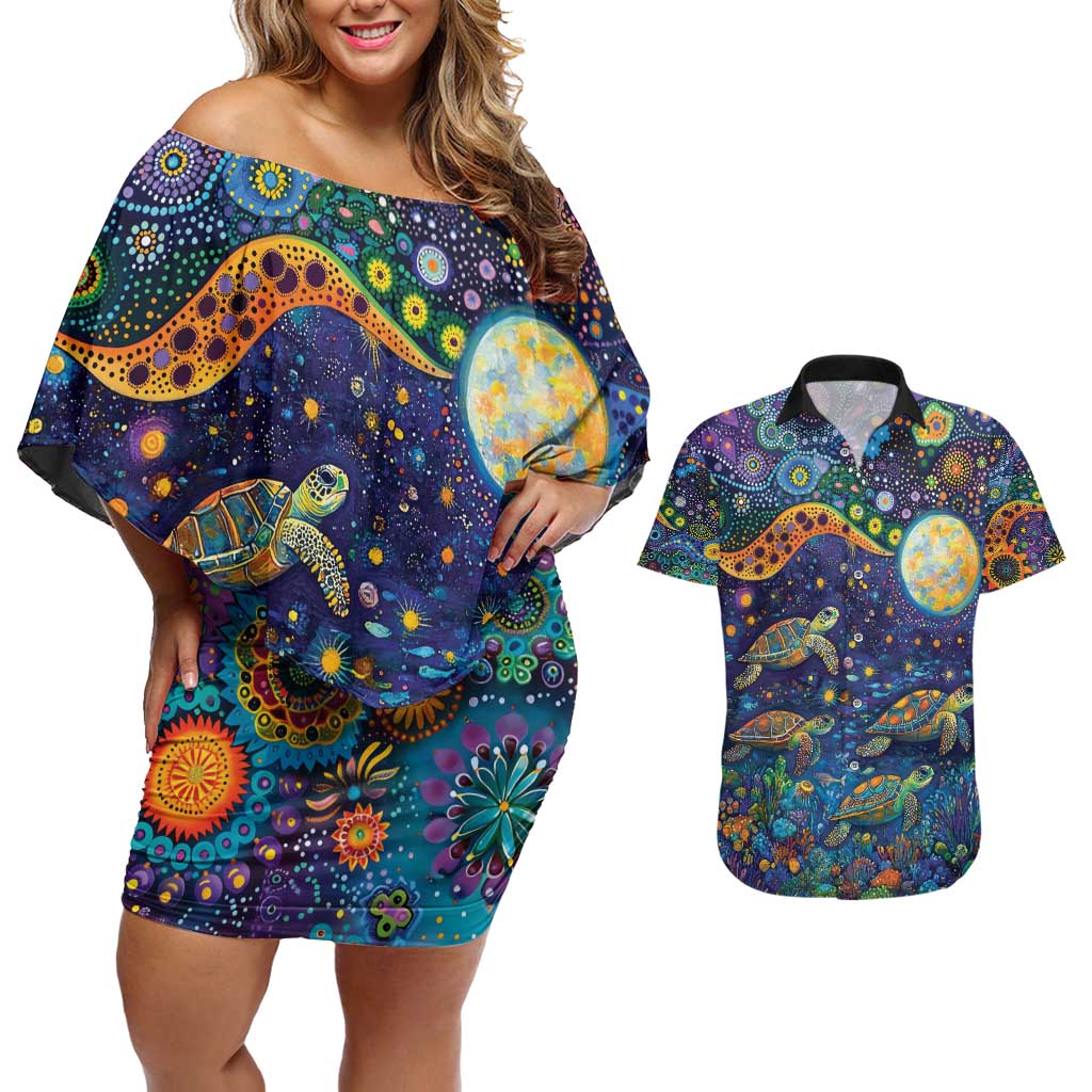 Underwater Turtles Starry Night Sky Couples Matching Off Shoulder Short Dress and Hawaiian Shirt Aboriginal Dot Painting Full Moon Coral Landscape