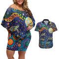 Underwater Turtles Starry Night Sky Couples Matching Off Shoulder Short Dress and Hawaiian Shirt Aboriginal Dot Painting Full Moon Coral Landscape