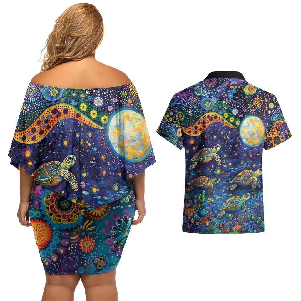 Underwater Turtles Starry Night Sky Couples Matching Off Shoulder Short Dress and Hawaiian Shirt Aboriginal Dot Painting Full Moon Coral Landscape