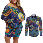 Underwater Turtles Starry Night Sky Couples Matching Off Shoulder Short Dress and Long Sleeve Button Shirt Aboriginal Dot Painting Full Moon Coral Landscape