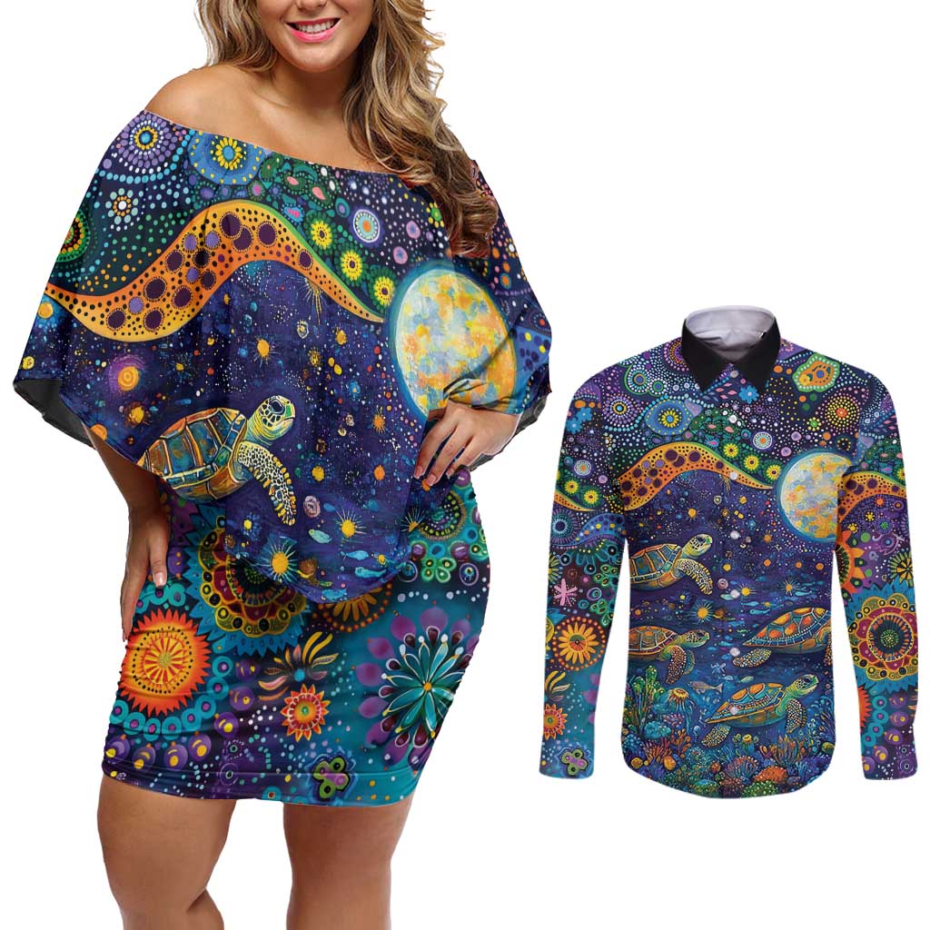 Underwater Turtles Starry Night Sky Couples Matching Off Shoulder Short Dress and Long Sleeve Button Shirt Aboriginal Dot Painting Full Moon Coral Landscape