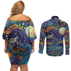 Underwater Turtles Starry Night Sky Couples Matching Off Shoulder Short Dress and Long Sleeve Button Shirt Aboriginal Dot Painting Full Moon Coral Landscape