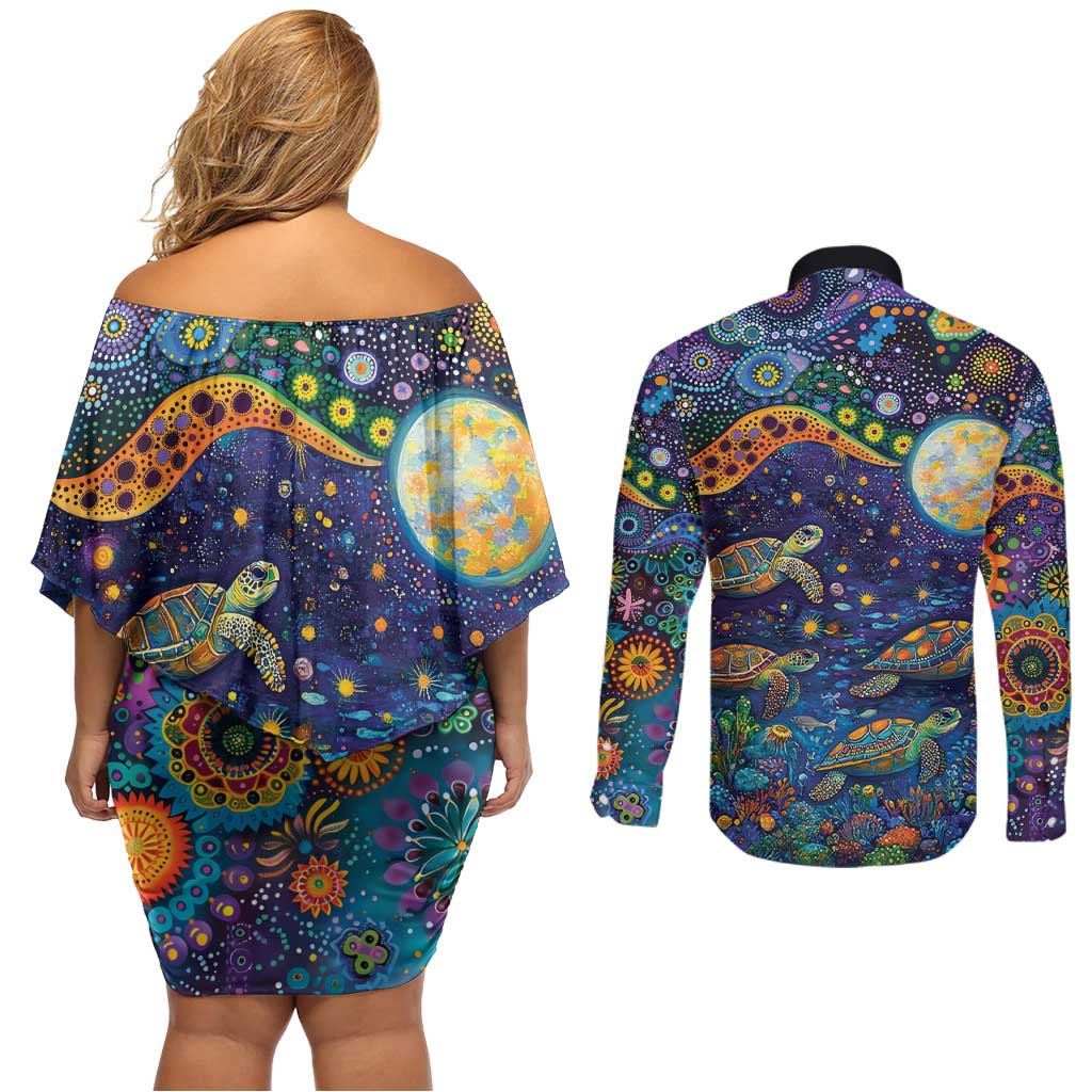 Underwater Turtles Starry Night Sky Couples Matching Off Shoulder Short Dress and Long Sleeve Button Shirt Aboriginal Dot Painting Full Moon Coral Landscape