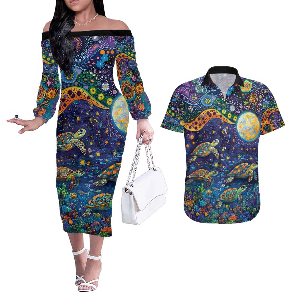 Underwater Turtles Starry Night Sky Couples Matching Off The Shoulder Long Sleeve Dress and Hawaiian Shirt Aboriginal Dot Painting Full Moon Coral Landscape