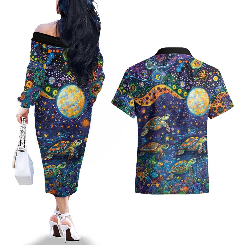 Underwater Turtles Starry Night Sky Couples Matching Off The Shoulder Long Sleeve Dress and Hawaiian Shirt Aboriginal Dot Painting Full Moon Coral Landscape