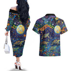 Underwater Turtles Starry Night Sky Couples Matching Off The Shoulder Long Sleeve Dress and Hawaiian Shirt Aboriginal Dot Painting Full Moon Coral Landscape