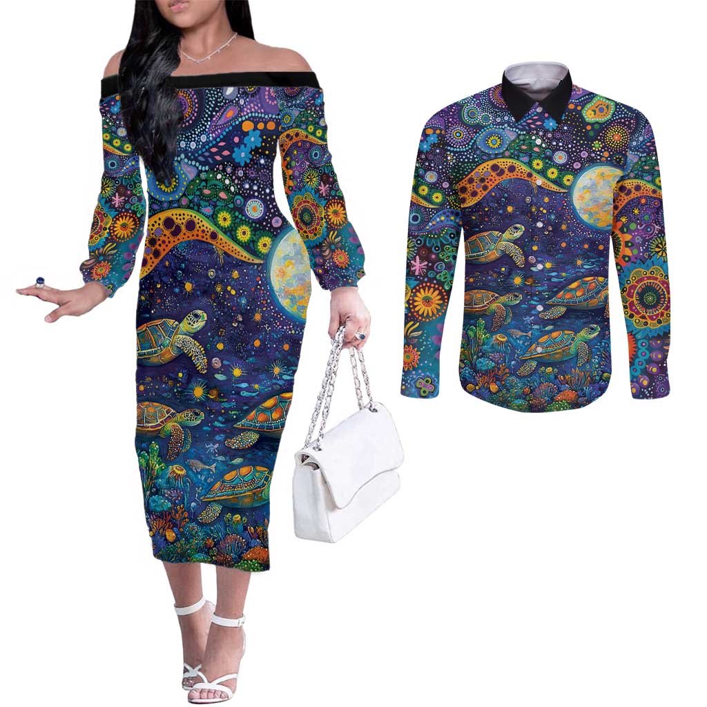 Underwater Turtles Starry Night Sky Couples Matching Off The Shoulder Long Sleeve Dress and Long Sleeve Button Shirt Aboriginal Dot Painting Full Moon Coral Landscape