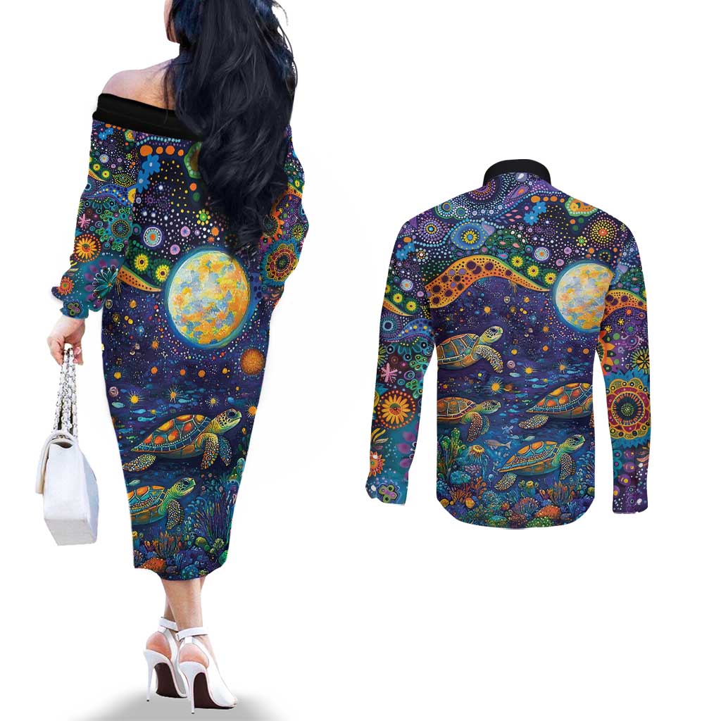 Underwater Turtles Starry Night Sky Couples Matching Off The Shoulder Long Sleeve Dress and Long Sleeve Button Shirt Aboriginal Dot Painting Full Moon Coral Landscape