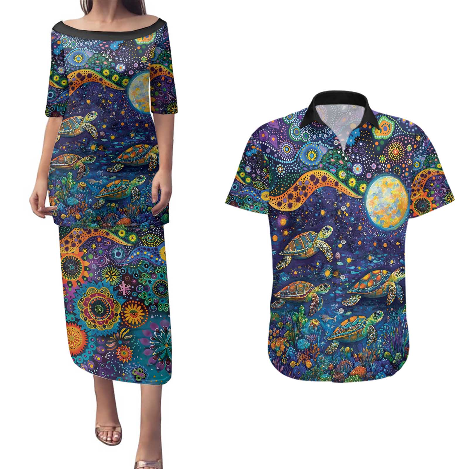 Underwater Turtles Starry Night Sky Couples Matching Puletasi and Hawaiian Shirt Aboriginal Dot Painting Full Moon Coral Landscape