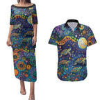 Underwater Turtles Starry Night Sky Couples Matching Puletasi and Hawaiian Shirt Aboriginal Dot Painting Full Moon Coral Landscape