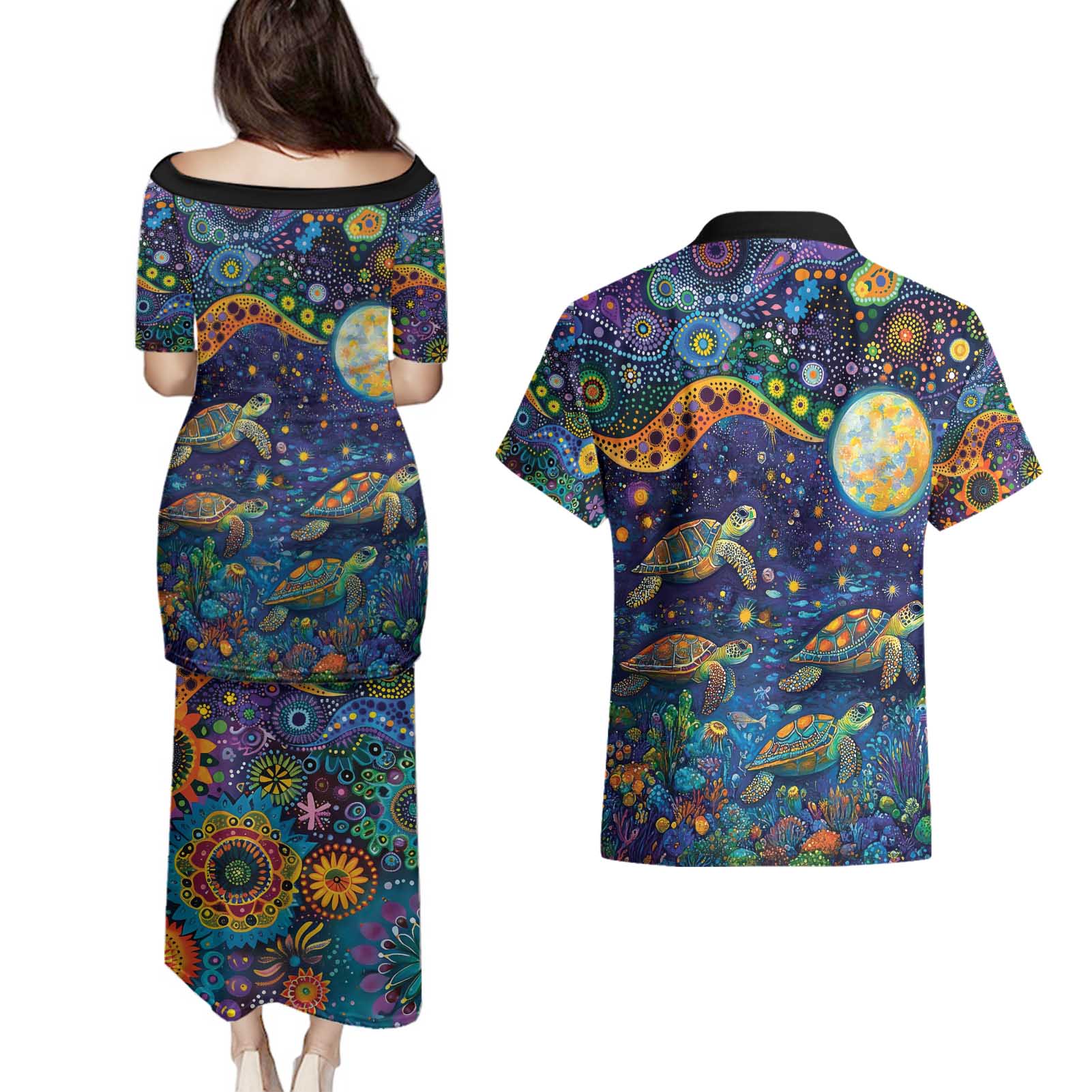 Underwater Turtles Starry Night Sky Couples Matching Puletasi and Hawaiian Shirt Aboriginal Dot Painting Full Moon Coral Landscape