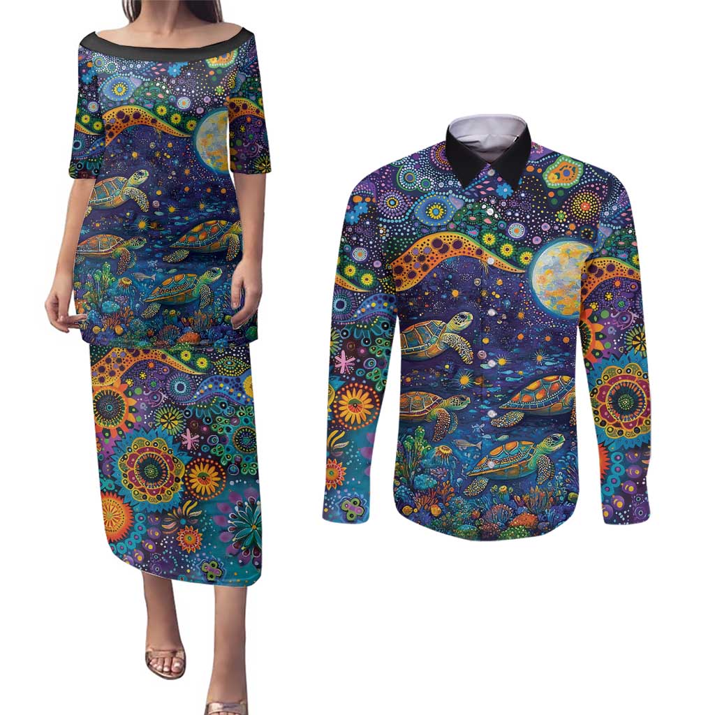Underwater Turtles Starry Night Sky Couples Matching Puletasi and Long Sleeve Button Shirt Aboriginal Dot Painting Full Moon Coral Landscape