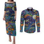 Underwater Turtles Starry Night Sky Couples Matching Puletasi and Long Sleeve Button Shirt Aboriginal Dot Painting Full Moon Coral Landscape