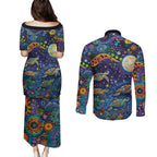 Underwater Turtles Starry Night Sky Couples Matching Puletasi and Long Sleeve Button Shirt Aboriginal Dot Painting Full Moon Coral Landscape