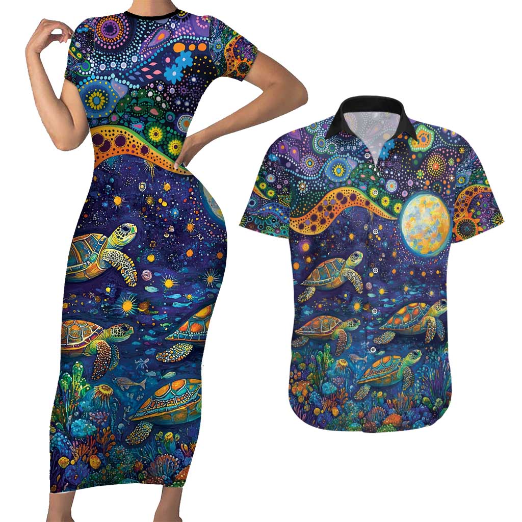 Underwater Turtles Starry Night Sky Couples Matching Short Sleeve Bodycon Dress and Hawaiian Shirt Aboriginal Dot Painting Full Moon Coral Landscape