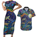 Underwater Turtles Starry Night Sky Couples Matching Short Sleeve Bodycon Dress and Hawaiian Shirt Aboriginal Dot Painting Full Moon Coral Landscape
