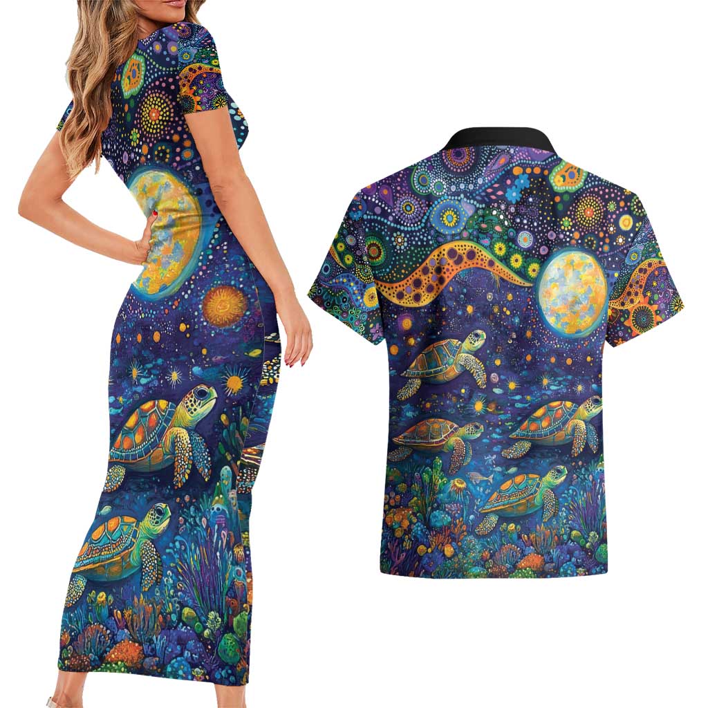 Underwater Turtles Starry Night Sky Couples Matching Short Sleeve Bodycon Dress and Hawaiian Shirt Aboriginal Dot Painting Full Moon Coral Landscape
