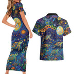 Underwater Turtles Starry Night Sky Couples Matching Short Sleeve Bodycon Dress and Hawaiian Shirt Aboriginal Dot Painting Full Moon Coral Landscape