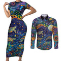 Underwater Turtles Starry Night Sky Couples Matching Short Sleeve Bodycon Dress and Long Sleeve Button Shirt Aboriginal Dot Painting Full Moon Coral Landscape