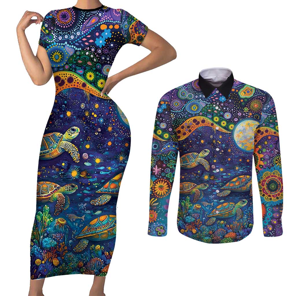 Underwater Turtles Starry Night Sky Couples Matching Short Sleeve Bodycon Dress and Long Sleeve Button Shirt Aboriginal Dot Painting Full Moon Coral Landscape