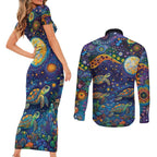 Underwater Turtles Starry Night Sky Couples Matching Short Sleeve Bodycon Dress and Long Sleeve Button Shirt Aboriginal Dot Painting Full Moon Coral Landscape