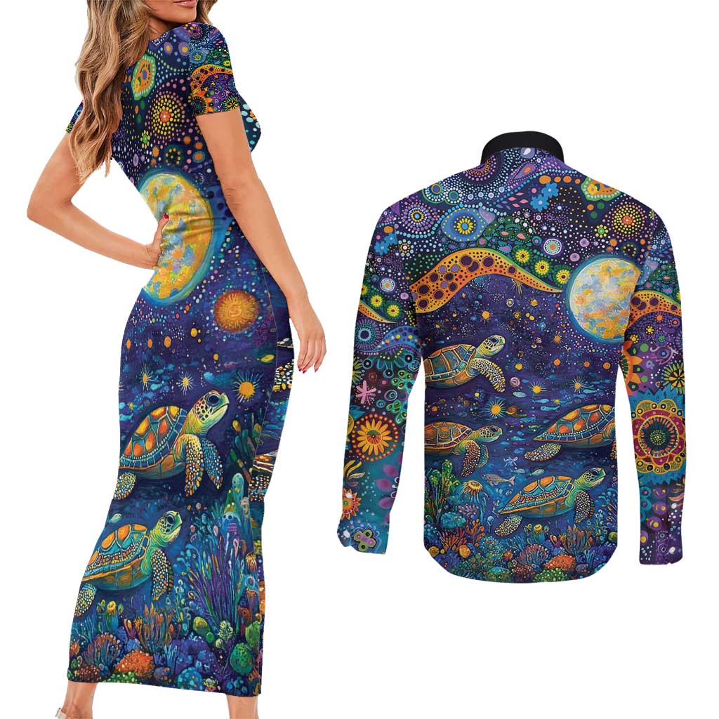 Underwater Turtles Starry Night Sky Couples Matching Short Sleeve Bodycon Dress and Long Sleeve Button Shirt Aboriginal Dot Painting Full Moon Coral Landscape