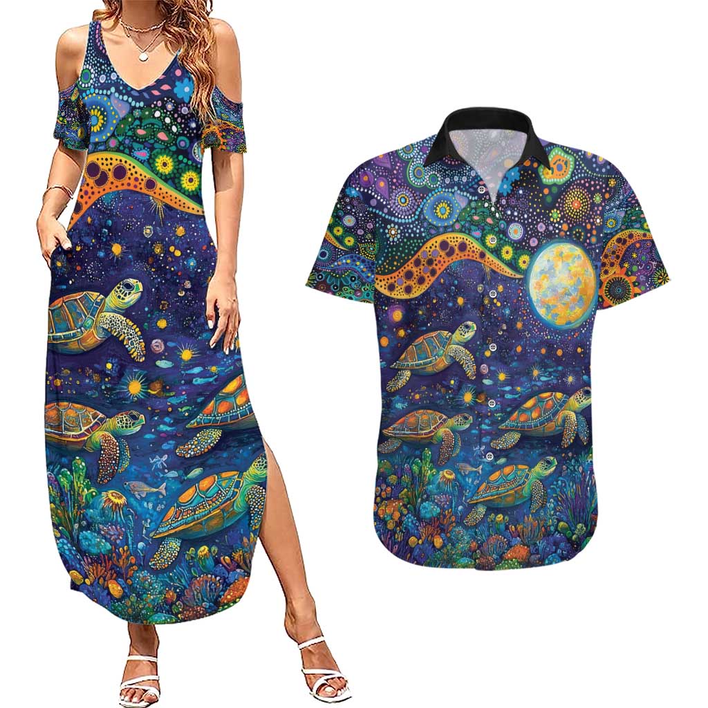 Underwater Turtles Starry Night Sky Couples Matching Summer Maxi Dress and Hawaiian Shirt Aboriginal Dot Painting Full Moon Coral Landscape
