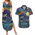 Underwater Turtles Starry Night Sky Couples Matching Summer Maxi Dress and Hawaiian Shirt Aboriginal Dot Painting Full Moon Coral Landscape