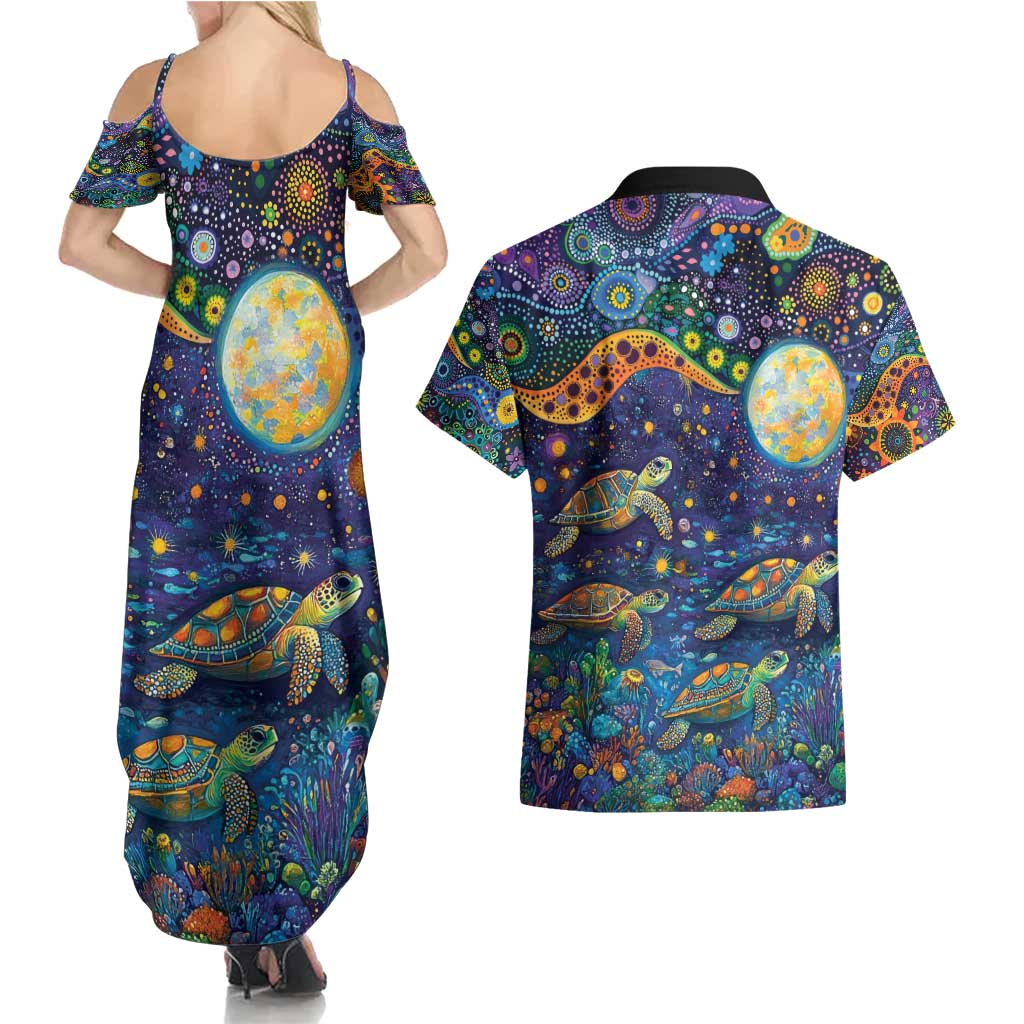 Underwater Turtles Starry Night Sky Couples Matching Summer Maxi Dress and Hawaiian Shirt Aboriginal Dot Painting Full Moon Coral Landscape