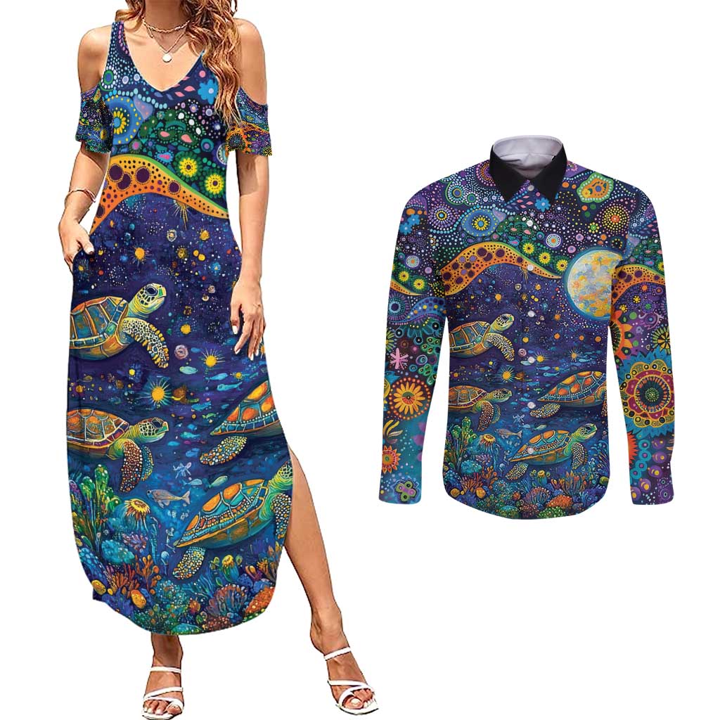 Underwater Turtles Starry Night Sky Couples Matching Summer Maxi Dress and Long Sleeve Button Shirt Aboriginal Dot Painting Full Moon Coral Landscape