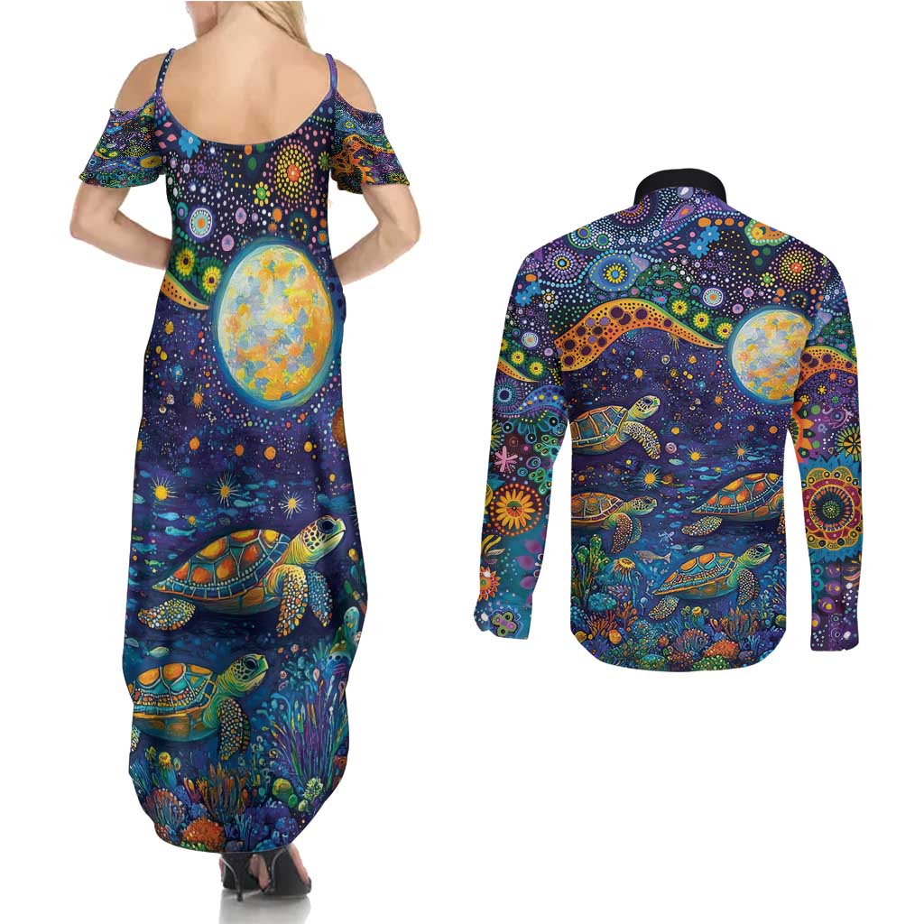 Underwater Turtles Starry Night Sky Couples Matching Summer Maxi Dress and Long Sleeve Button Shirt Aboriginal Dot Painting Full Moon Coral Landscape