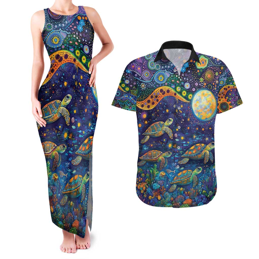 Underwater Turtles Starry Night Sky Couples Matching Tank Maxi Dress and Hawaiian Shirt Aboriginal Dot Painting Full Moon Coral Landscape