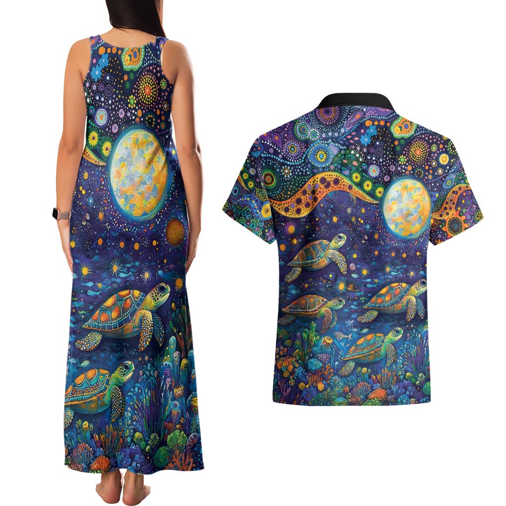 Underwater Turtles Starry Night Sky Couples Matching Tank Maxi Dress and Hawaiian Shirt Aboriginal Dot Painting Full Moon Coral Landscape
