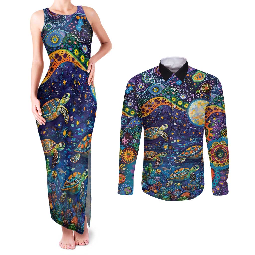 Underwater Turtles Starry Night Sky Couples Matching Tank Maxi Dress and Long Sleeve Button Shirt Aboriginal Dot Painting Full Moon Coral Landscape