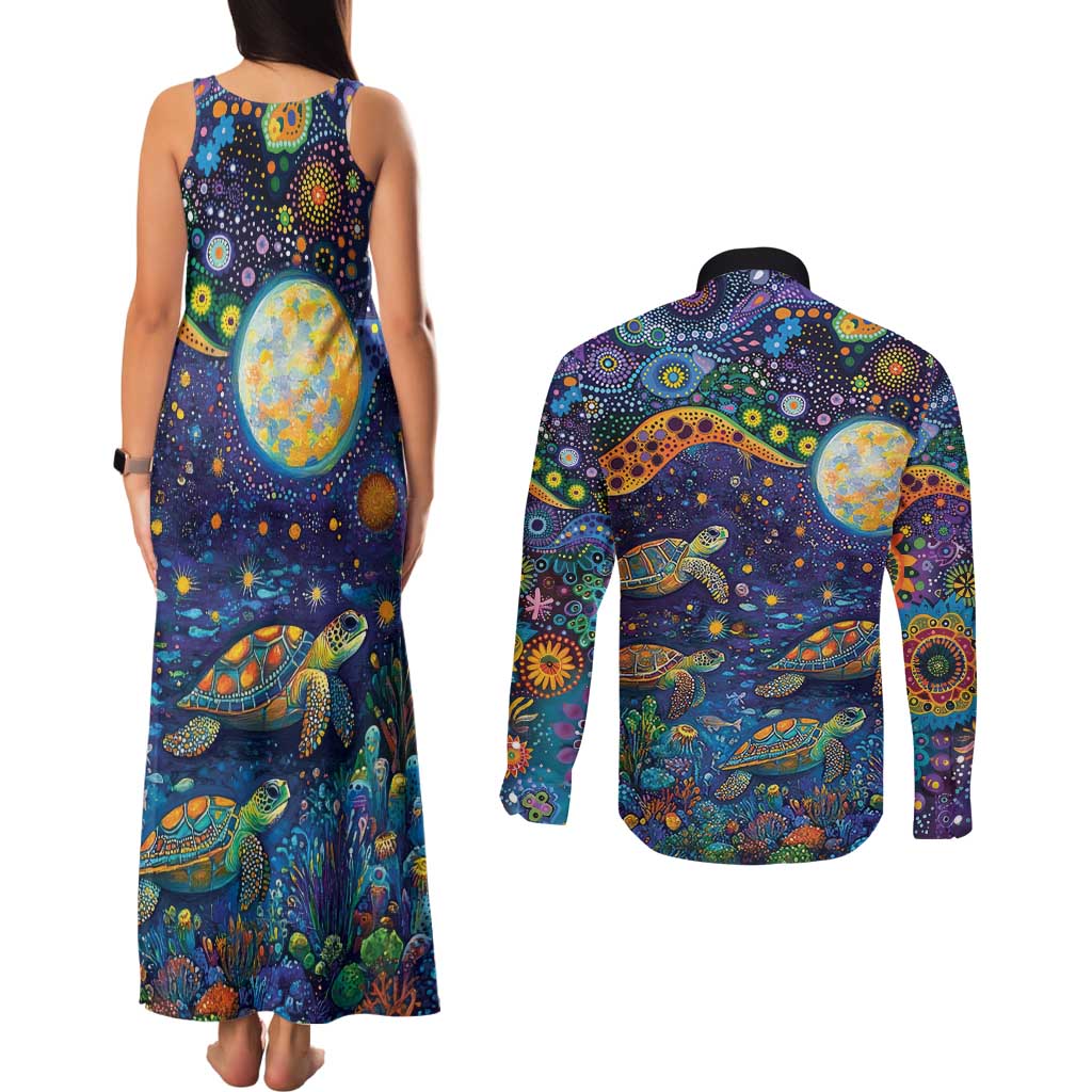 Underwater Turtles Starry Night Sky Couples Matching Tank Maxi Dress and Long Sleeve Button Shirt Aboriginal Dot Painting Full Moon Coral Landscape