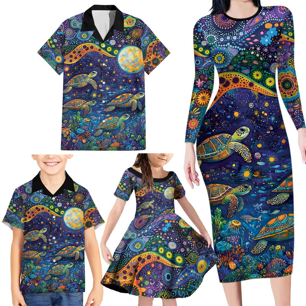 Underwater Turtles Starry Night Sky Family Matching Long Sleeve Bodycon Dress and Hawaiian Shirt Aboriginal Dot Painting Full Moon Coral Landscape