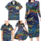 Underwater Turtles Starry Night Sky Family Matching Long Sleeve Bodycon Dress and Hawaiian Shirt Aboriginal Dot Painting Full Moon Coral Landscape